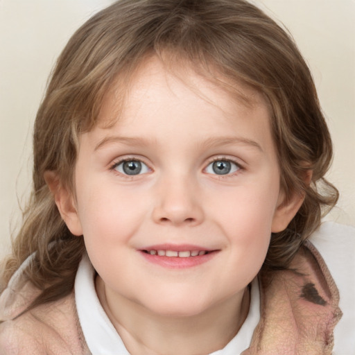 Joyful white child female with medium  brown hair and blue eyes