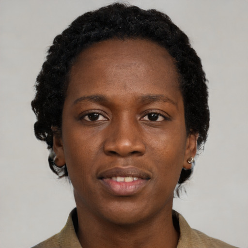Neutral black young-adult female with short  black hair and brown eyes