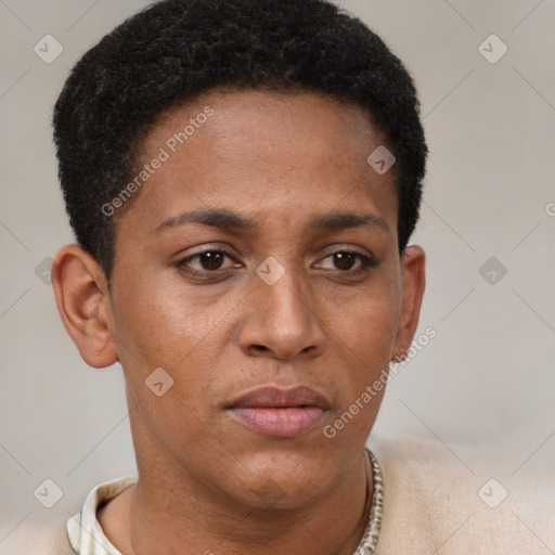 Neutral black young-adult female with short  brown hair and brown eyes