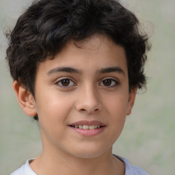 Joyful white child female with short  brown hair and brown eyes