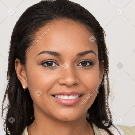 Joyful latino young-adult female with long  brown hair and brown eyes