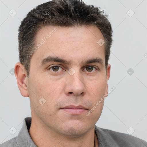 Neutral white adult male with short  brown hair and brown eyes