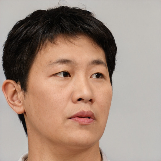 Neutral asian adult male with short  brown hair and brown eyes
