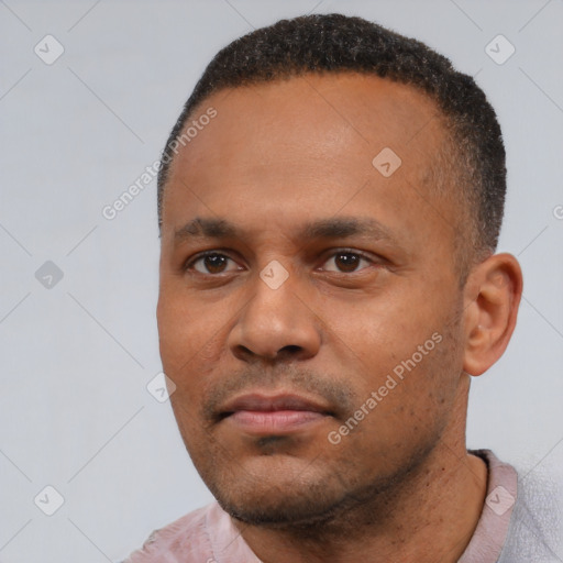Neutral black adult male with short  black hair and brown eyes