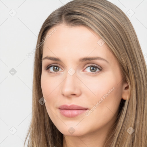 Neutral white young-adult female with long  brown hair and brown eyes