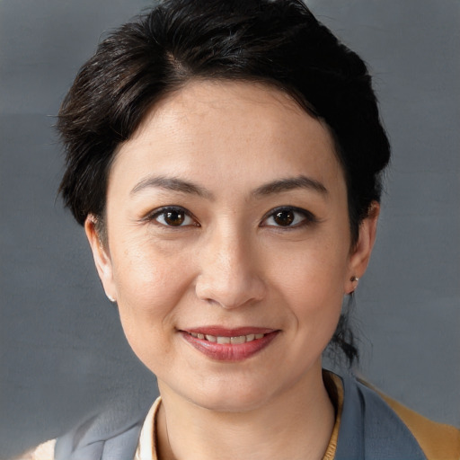 Joyful white young-adult female with short  black hair and brown eyes