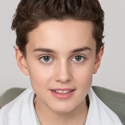 Joyful white child female with short  brown hair and brown eyes