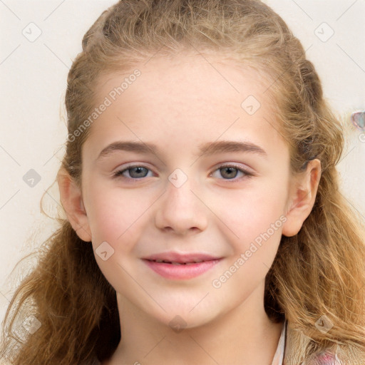 Joyful white child female with long  brown hair and grey eyes