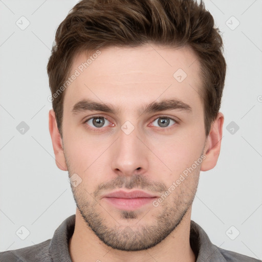 Neutral white young-adult male with short  brown hair and brown eyes