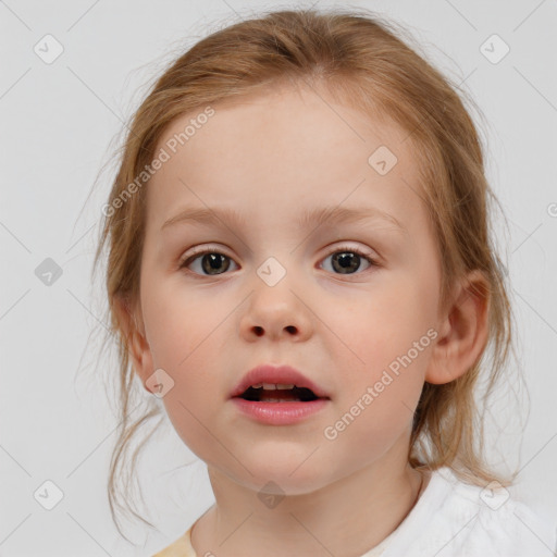 Neutral white child female with medium  brown hair and blue eyes