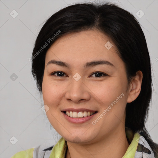 Joyful white young-adult female with medium  brown hair and brown eyes