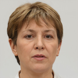 Neutral white adult female with short  brown hair and brown eyes