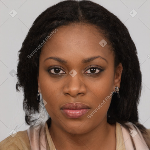 Joyful black young-adult female with medium  black hair and brown eyes