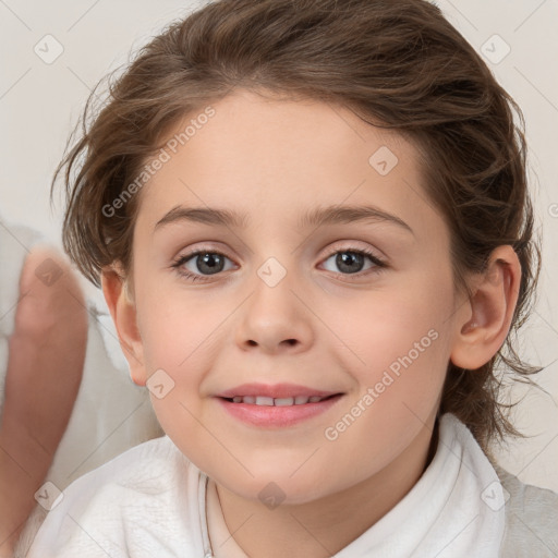 Joyful white child female with medium  brown hair and brown eyes