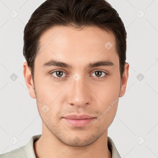 Neutral white young-adult male with short  brown hair and brown eyes