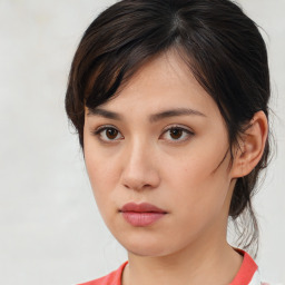 Neutral asian young-adult female with medium  brown hair and brown eyes