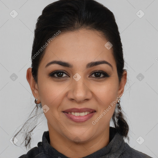 Joyful latino young-adult female with medium  brown hair and brown eyes