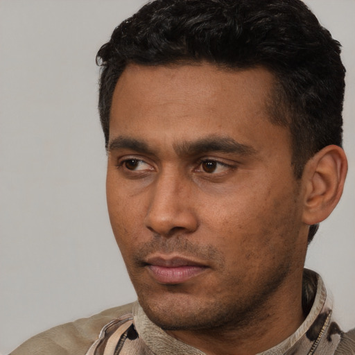 Neutral latino young-adult male with short  black hair and brown eyes