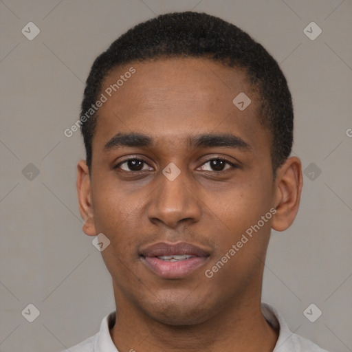 Neutral black young-adult male with short  black hair and brown eyes