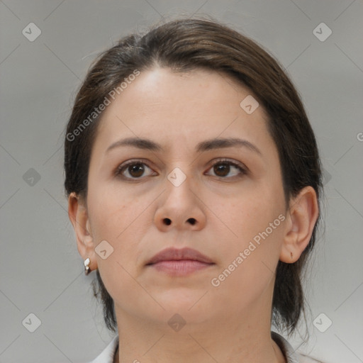 Neutral white young-adult female with medium  brown hair and brown eyes