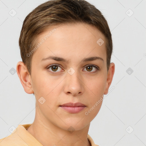 Neutral white young-adult female with short  brown hair and brown eyes