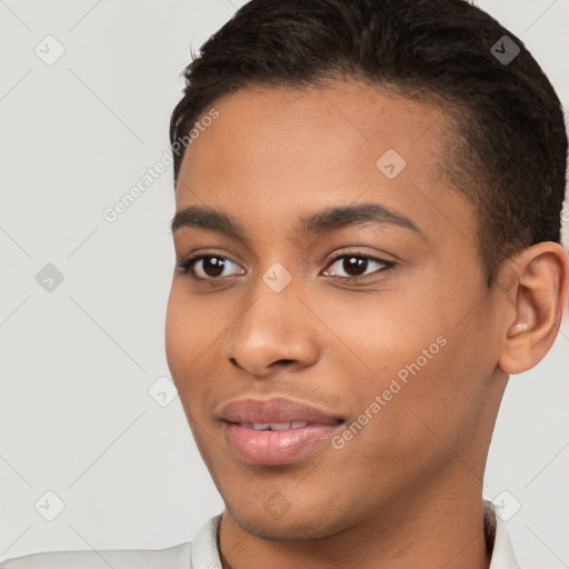 Neutral white young-adult male with short  brown hair and brown eyes