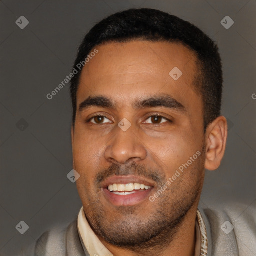 Joyful black young-adult male with short  black hair and brown eyes