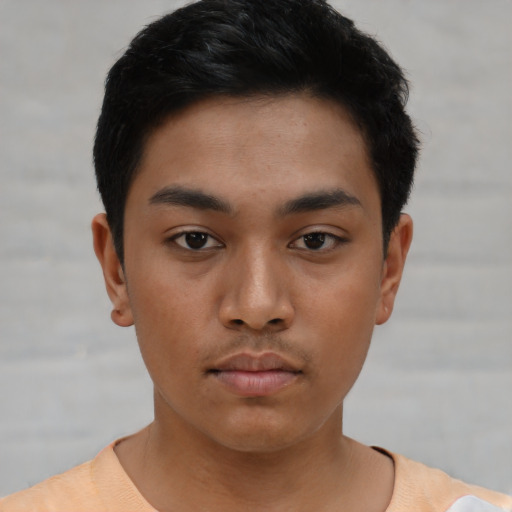 Neutral asian young-adult male with short  black hair and brown eyes