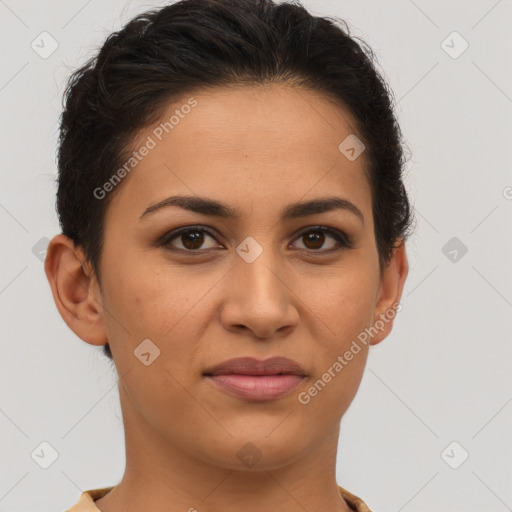 Joyful latino young-adult female with short  brown hair and brown eyes