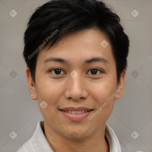 Joyful asian young-adult female with short  brown hair and brown eyes