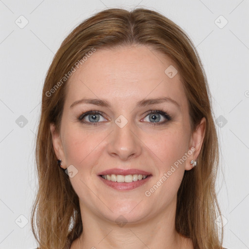 Joyful white young-adult female with long  brown hair and grey eyes