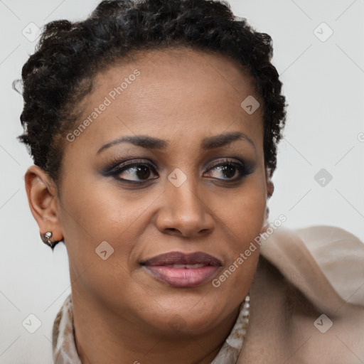 Joyful black young-adult female with short  brown hair and brown eyes