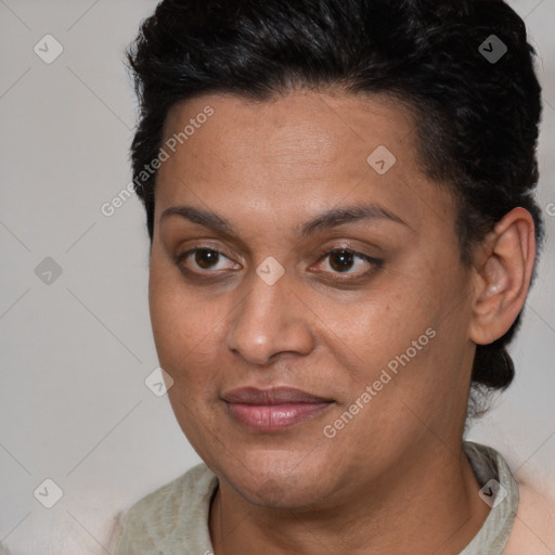 Joyful latino young-adult female with short  brown hair and brown eyes