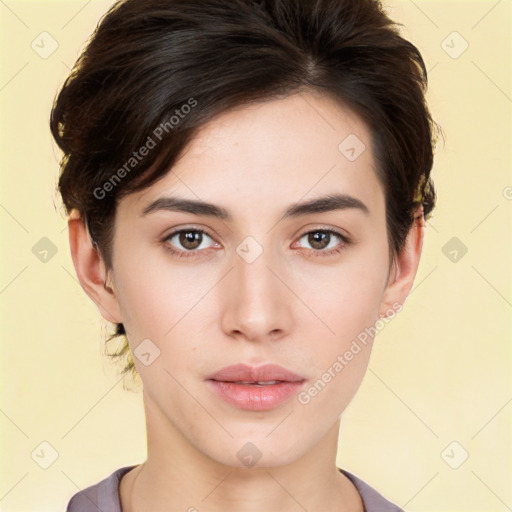 Neutral white young-adult female with short  brown hair and brown eyes