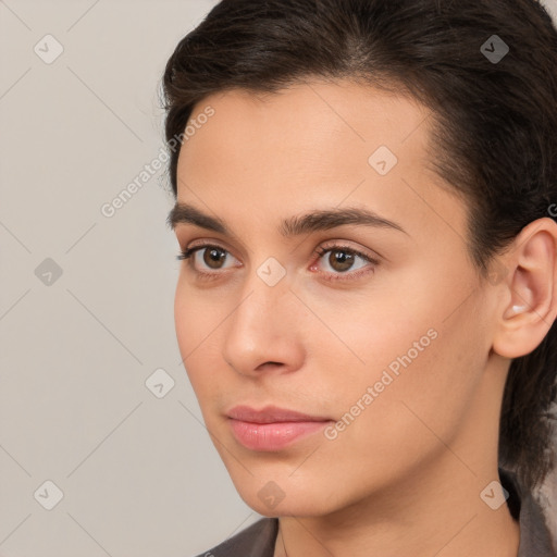 Neutral white young-adult female with medium  brown hair and brown eyes