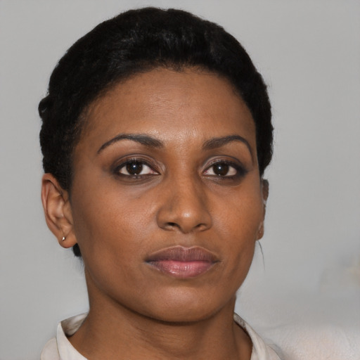 Neutral black young-adult female with short  brown hair and brown eyes