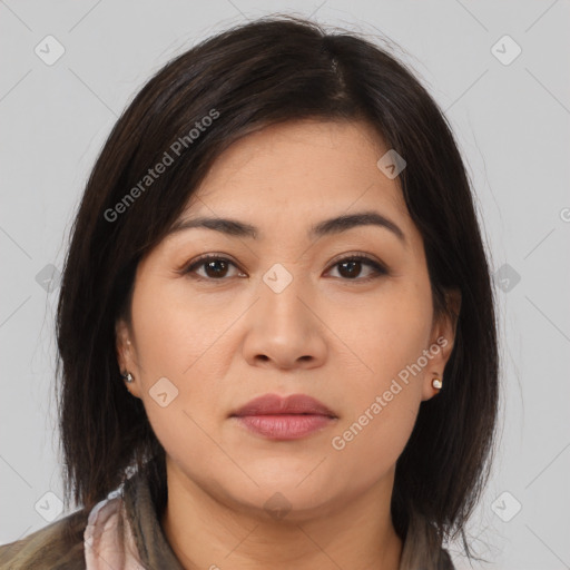 Joyful white young-adult female with medium  brown hair and brown eyes