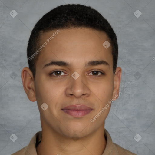 Joyful latino young-adult male with short  brown hair and brown eyes