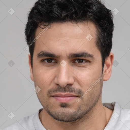 Neutral white young-adult male with short  brown hair and brown eyes