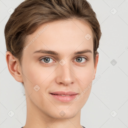 Joyful white young-adult female with short  brown hair and grey eyes