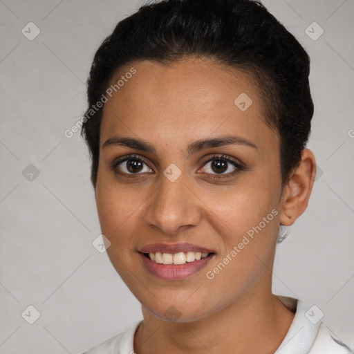 Joyful white young-adult female with short  brown hair and brown eyes