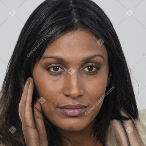 Joyful asian young-adult female with long  brown hair and brown eyes