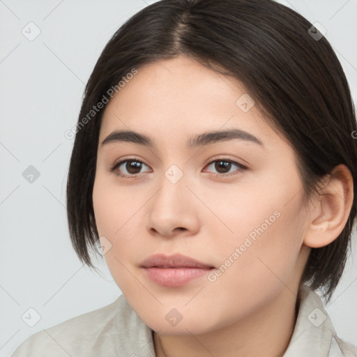 Neutral white young-adult female with medium  brown hair and brown eyes