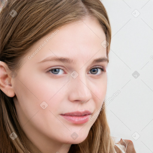 Neutral white young-adult female with long  brown hair and blue eyes