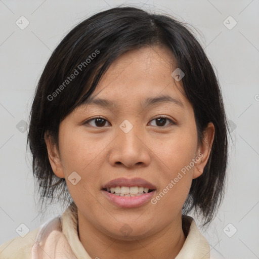 Joyful white young-adult female with medium  brown hair and brown eyes