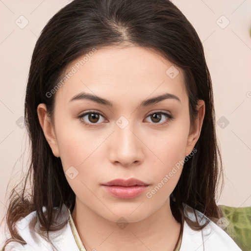 Neutral white young-adult female with medium  brown hair and brown eyes