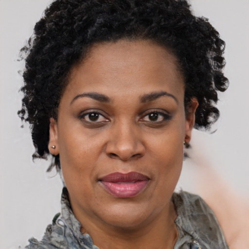 Joyful black adult female with medium  brown hair and brown eyes
