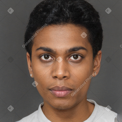 Neutral black young-adult male with short  black hair and brown eyes