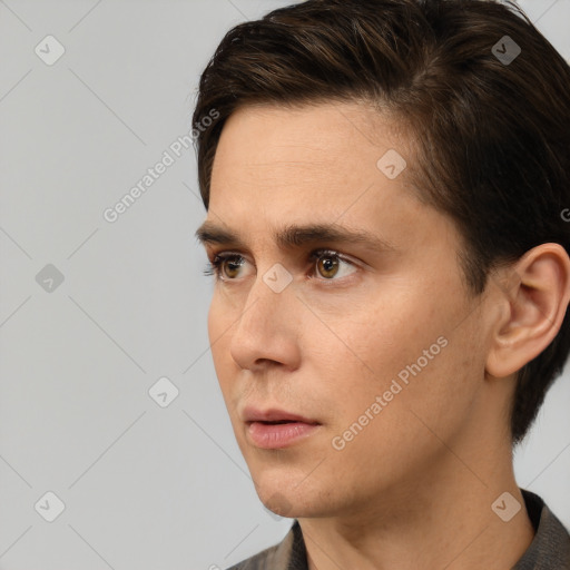 Neutral white young-adult male with short  brown hair and brown eyes