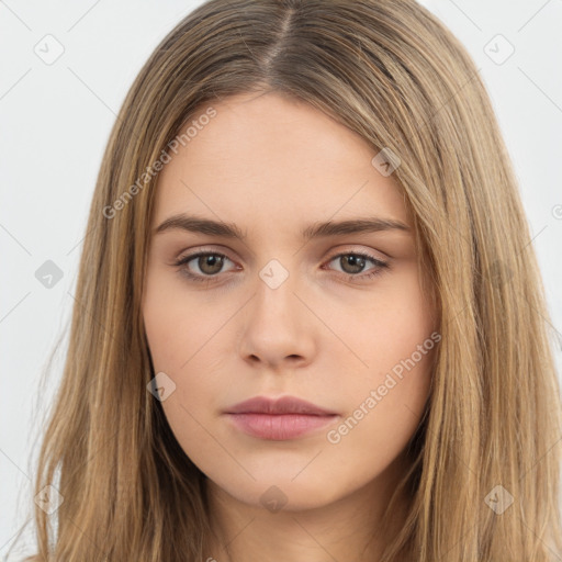 Neutral white young-adult female with long  brown hair and brown eyes